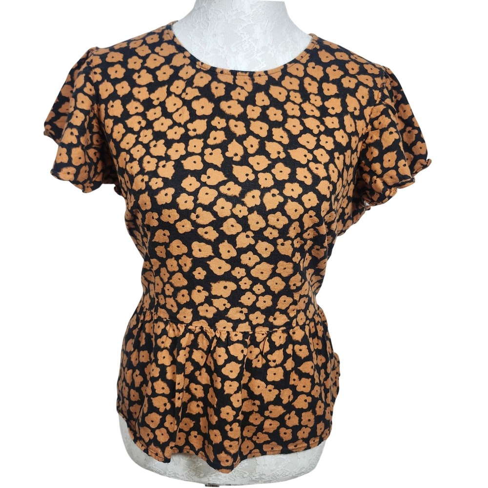 WHO WHAT WEAR Womens Black Orange Floral Peplum Flutter Sleeve Keyhole Top L